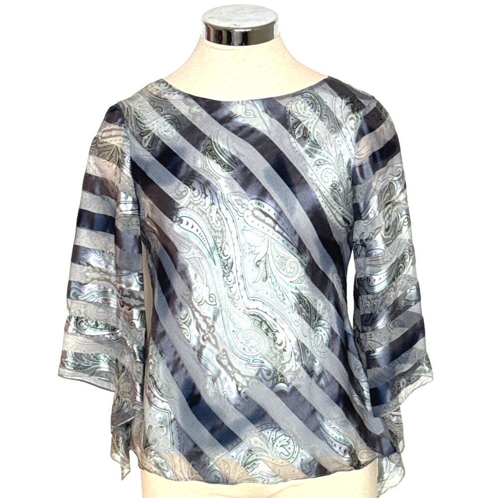 DANA BUCHMAN 4P Blue 100% SILK  Bell Sleeve Top Romantic Fairy Ethereal Artsy